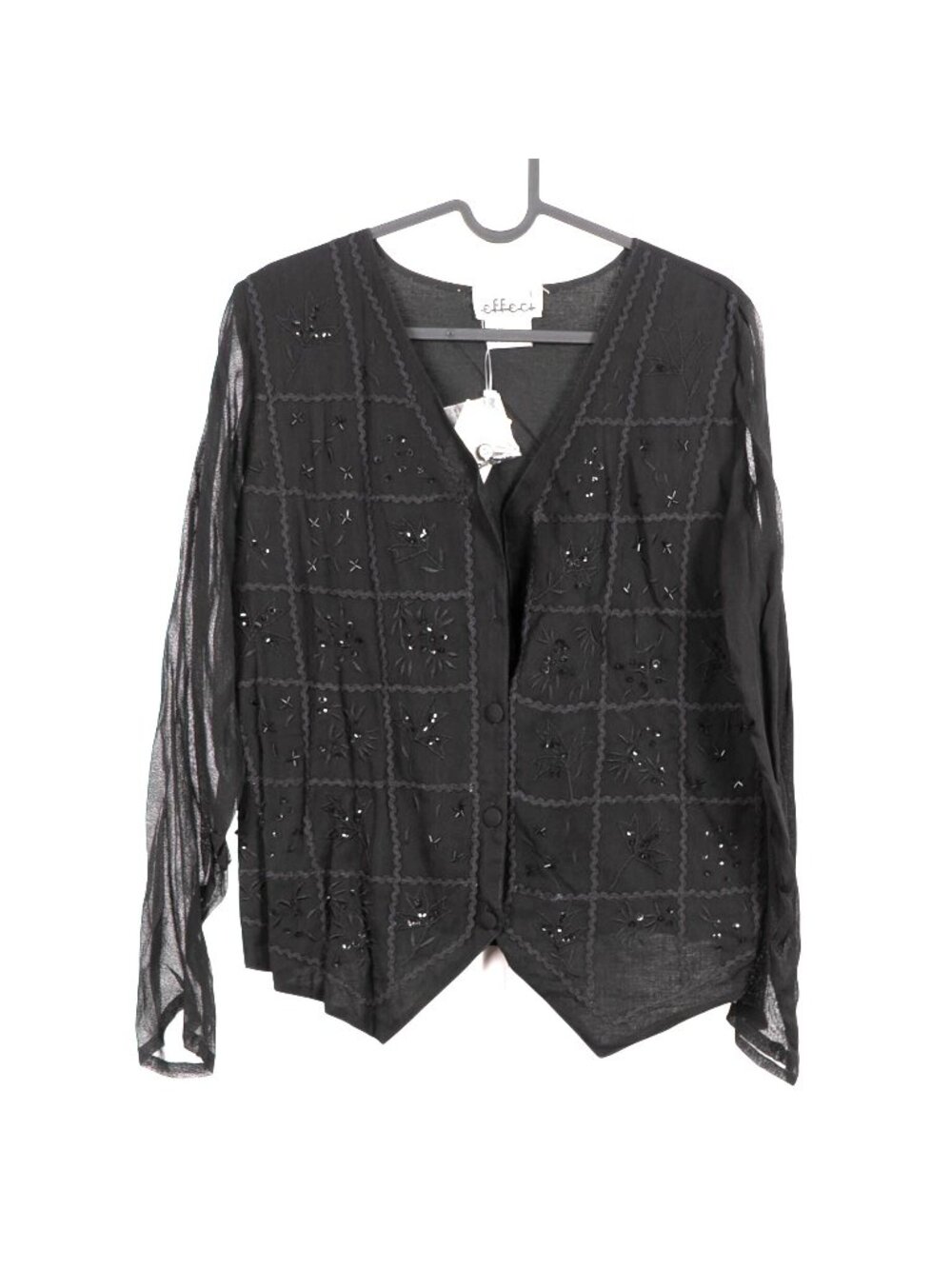 Beaded Button Up Blouse VTG Black Boho Hippie Fairy Whimsigoth Indie RicRac